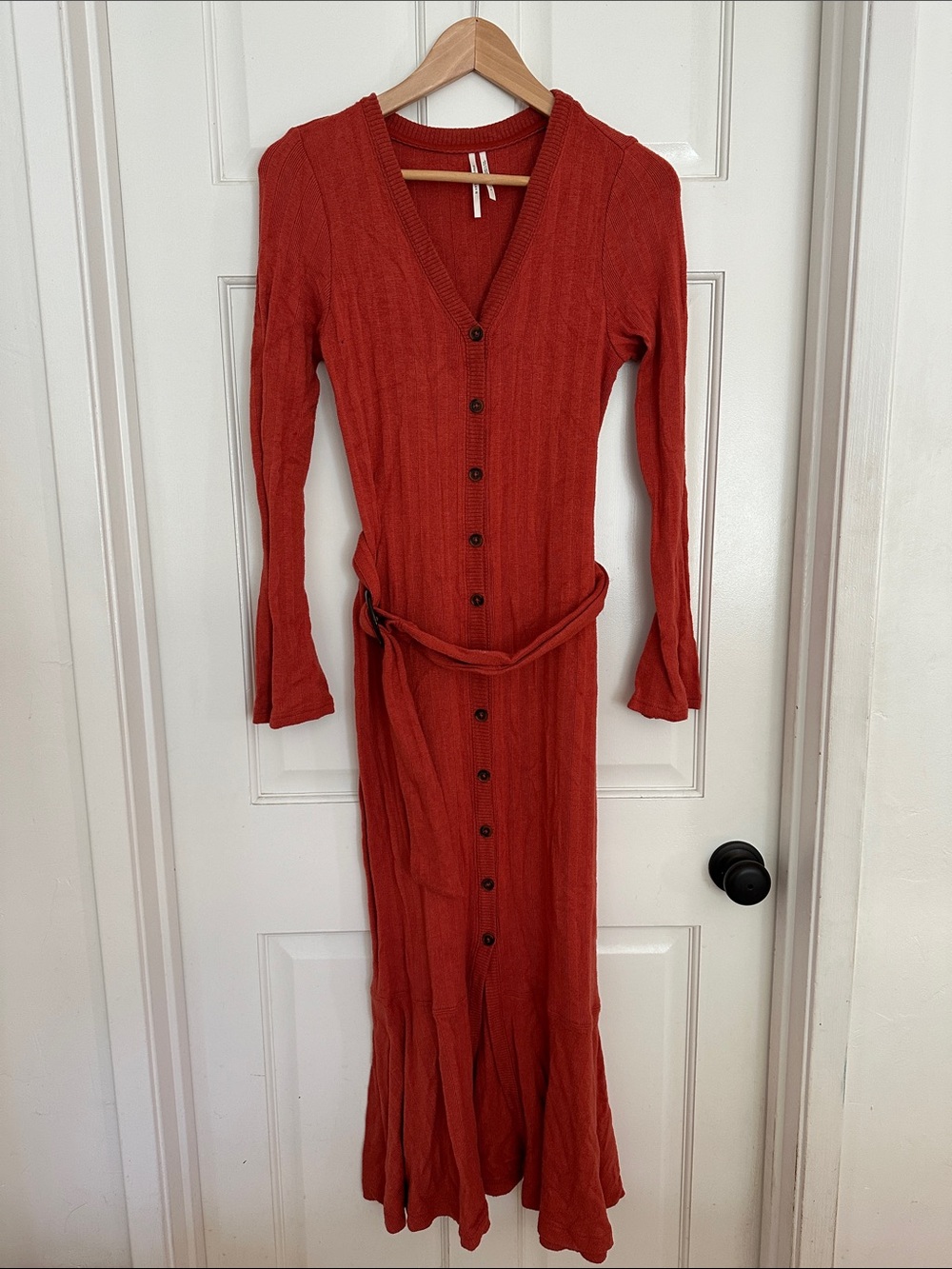 Anthropologie Button Knit Waist Tie Dress Paprika Red Orange
